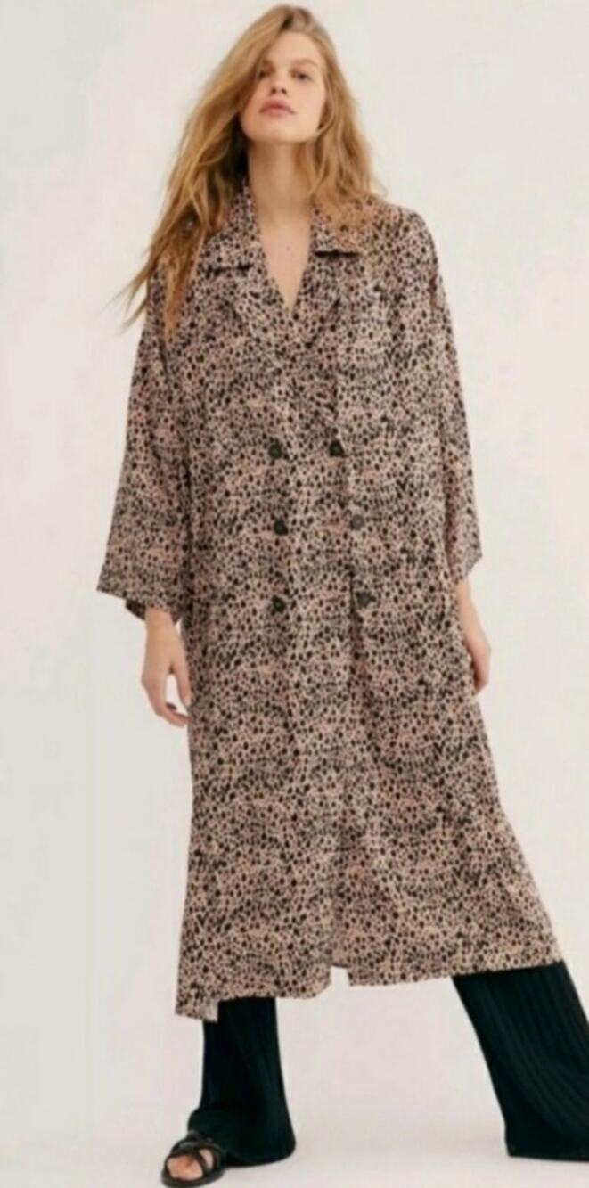 Free People DARIA Shirtdress Duster Trench Coat Jacket in Leopard Print XS NWOT